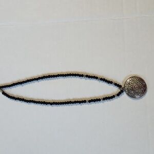Silver Mosaic Pendant with Black Beads Necklace